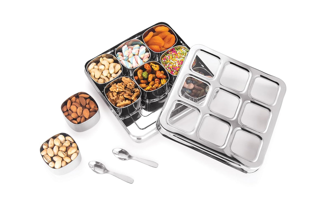 MARU Stainless Steel 9-in-1 Square Masala Dabba – Spice Box with 9 Round Containers | Grocsy
