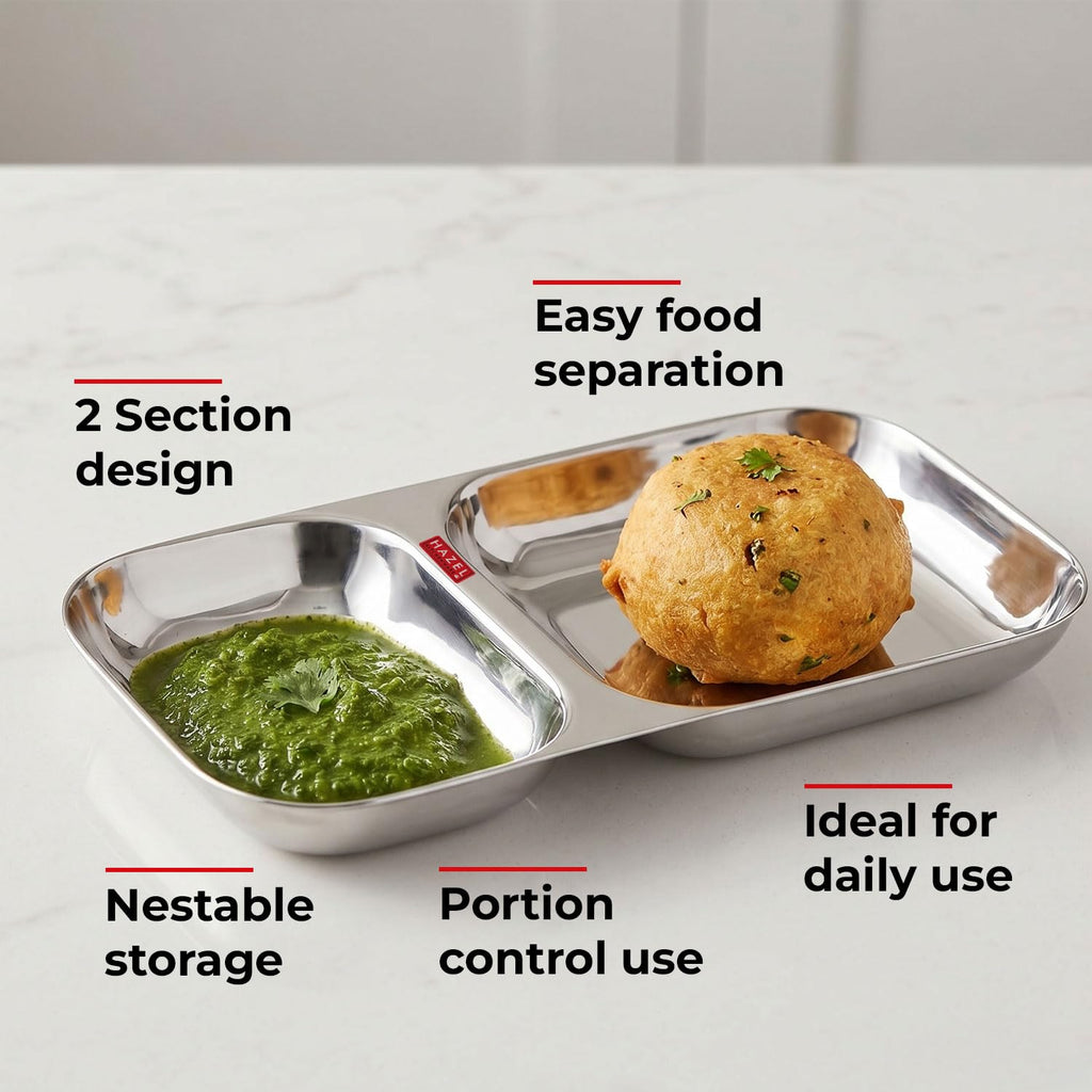 HAZEL 2 Compartment Stainless Steel Section Plate | Rectangle Divided Thali Tray | Grocsy