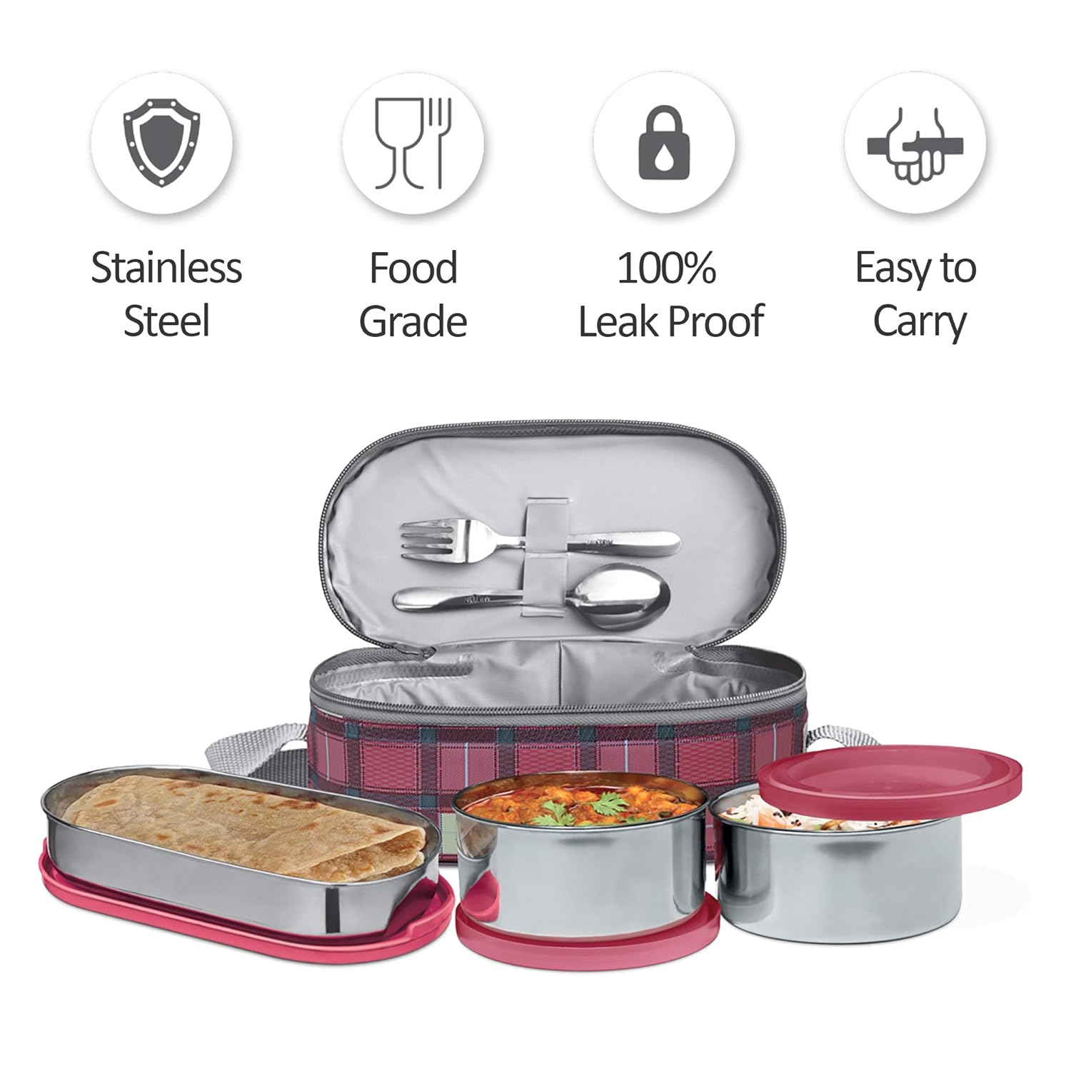MILTON Corporate Lunch Stainless Steel Containers, Set of 3, (280 ml, 280 ml, 472 ml), Maroon | Grocsy