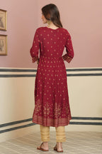 Juniper Women's Maroon Ethnic Motif Printed Rayon Kurta With Sequins | Grocsy