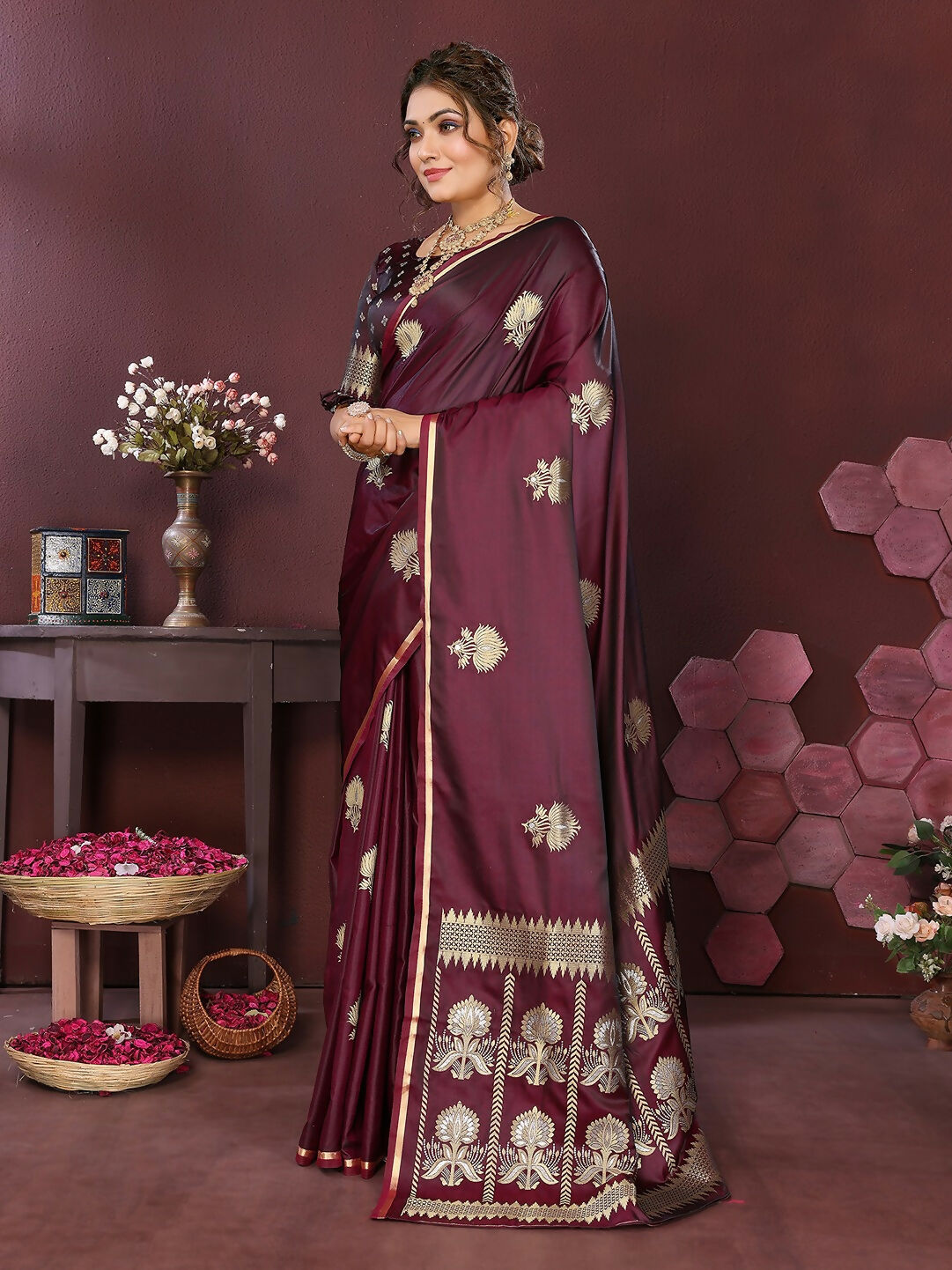 Joban Fashion Wine Floral Motifs Banarasi Silk Sarees | Grocsy