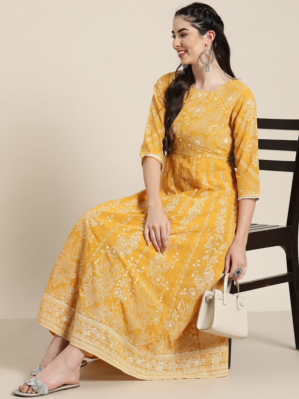Juniper Women's Yellow Floral Printed Georgette Maxi Dress With Beads Kantha Work & Sequins At Neckline | Grocsy