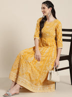Juniper Women's Yellow Floral Printed Georgette Maxi Dress With Beads Kantha Work & Sequins At Neckline | Grocsy