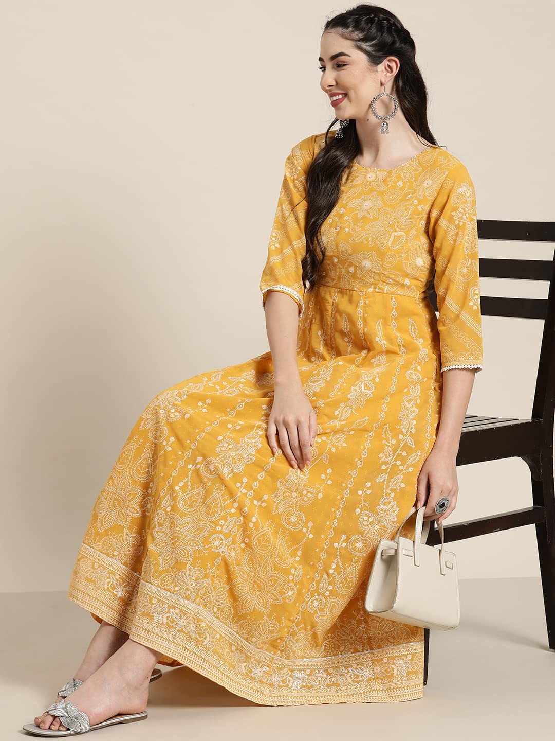 Juniper Women's Yellow Floral Printed Georgette Maxi Dress With Beads Kantha Work & Sequins At Neckline | Grocsy