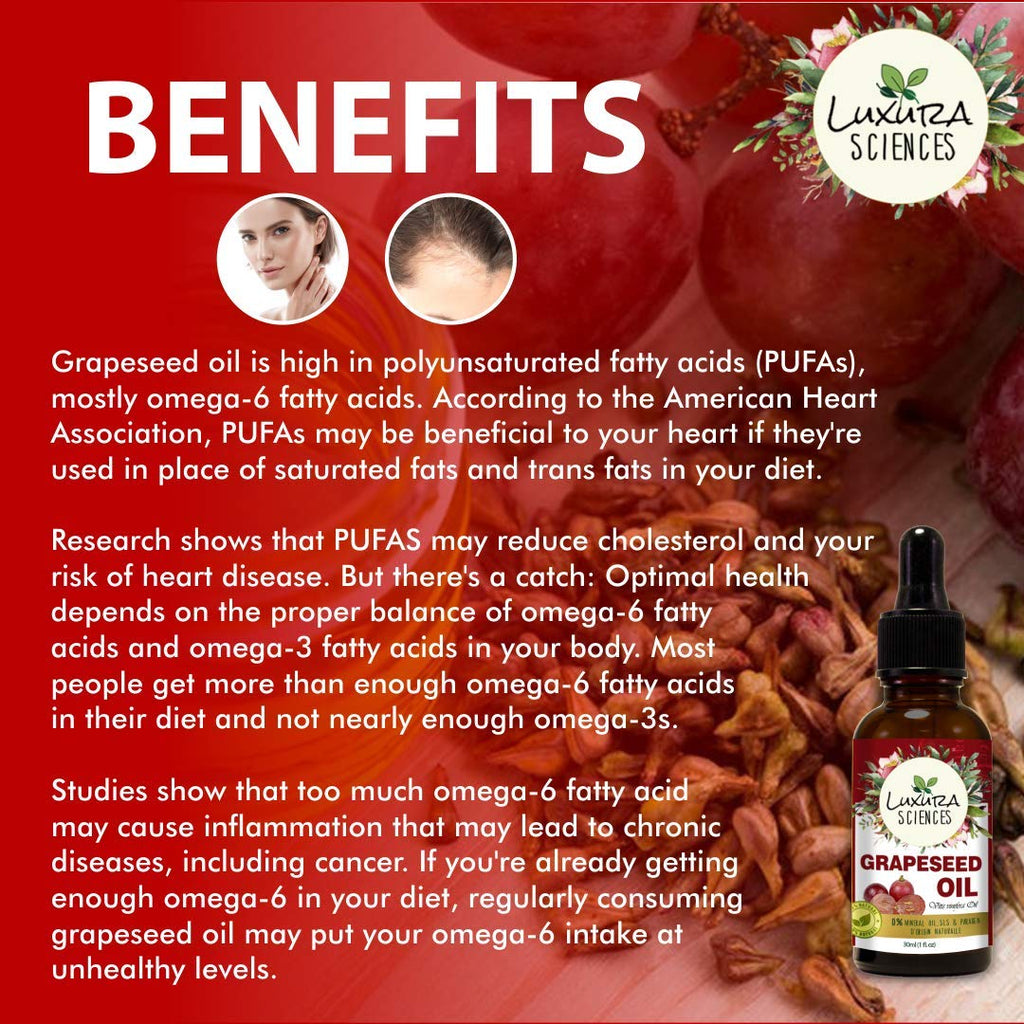 Luxura Sciences Organic Grape Seed Oil, 100% Pure, Natural & Cold-Pressed For Skin, Hair, Body | Grocsy