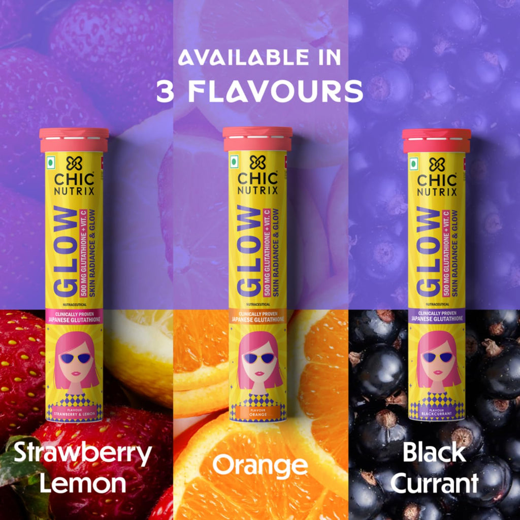 Chicnutrix Glow 500mg Effervescent Tablets - Strawberry & Lemon Flavor, For Glow & Radiance Skin | Grocsy