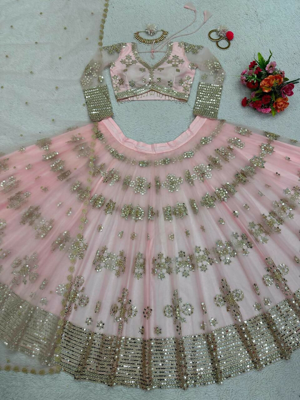 Jyoti Fashion Women's Baby Pink Butterfly Net 9MM Sequins with Thread Embroidered Designer Lehenga Choli Set | Grocsy