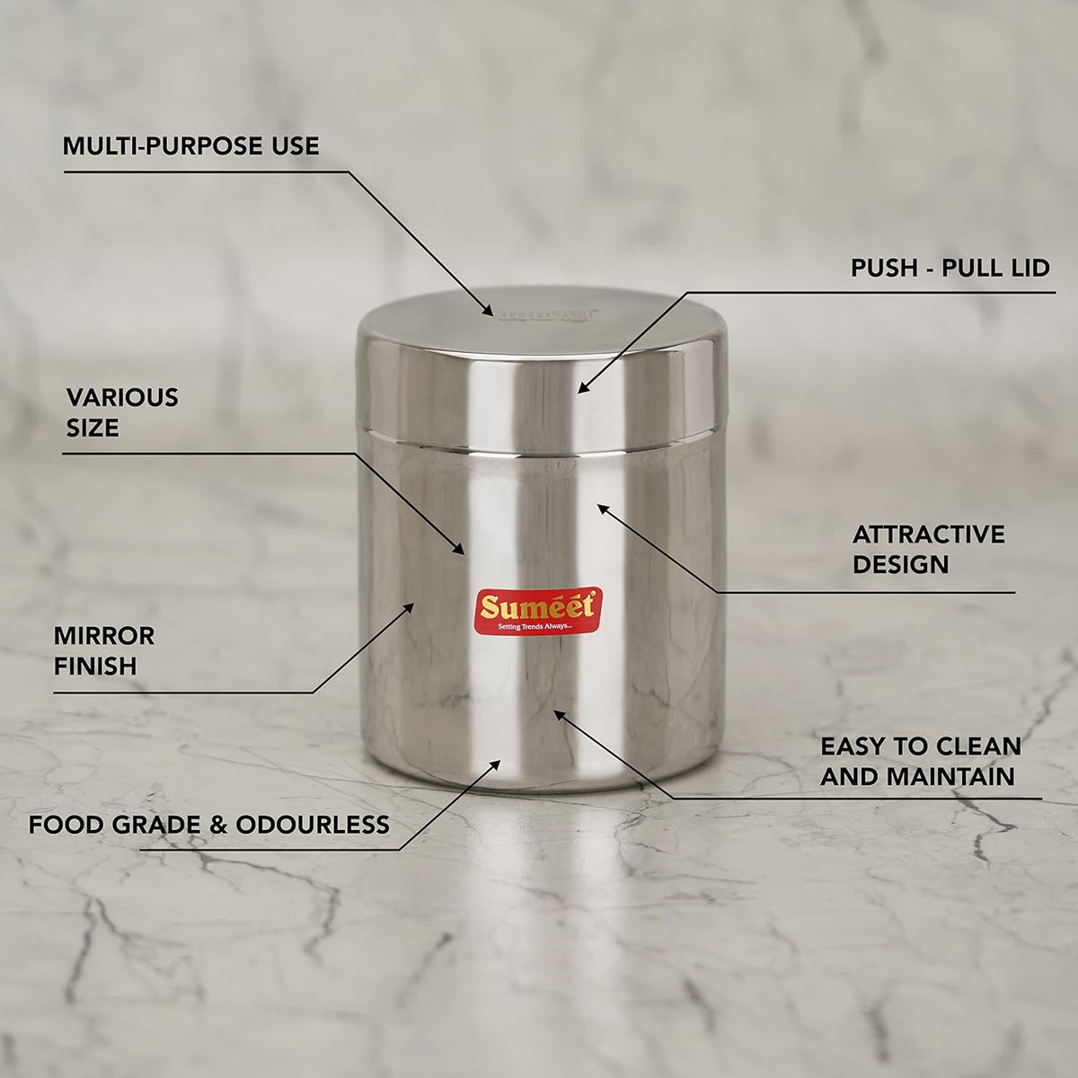 Sumeet Stainless Steel Small Canisters/Jars/Ubha Dabba/Storage Containers set of 6Pcs, 750 ML Capacity Each | Grocsy