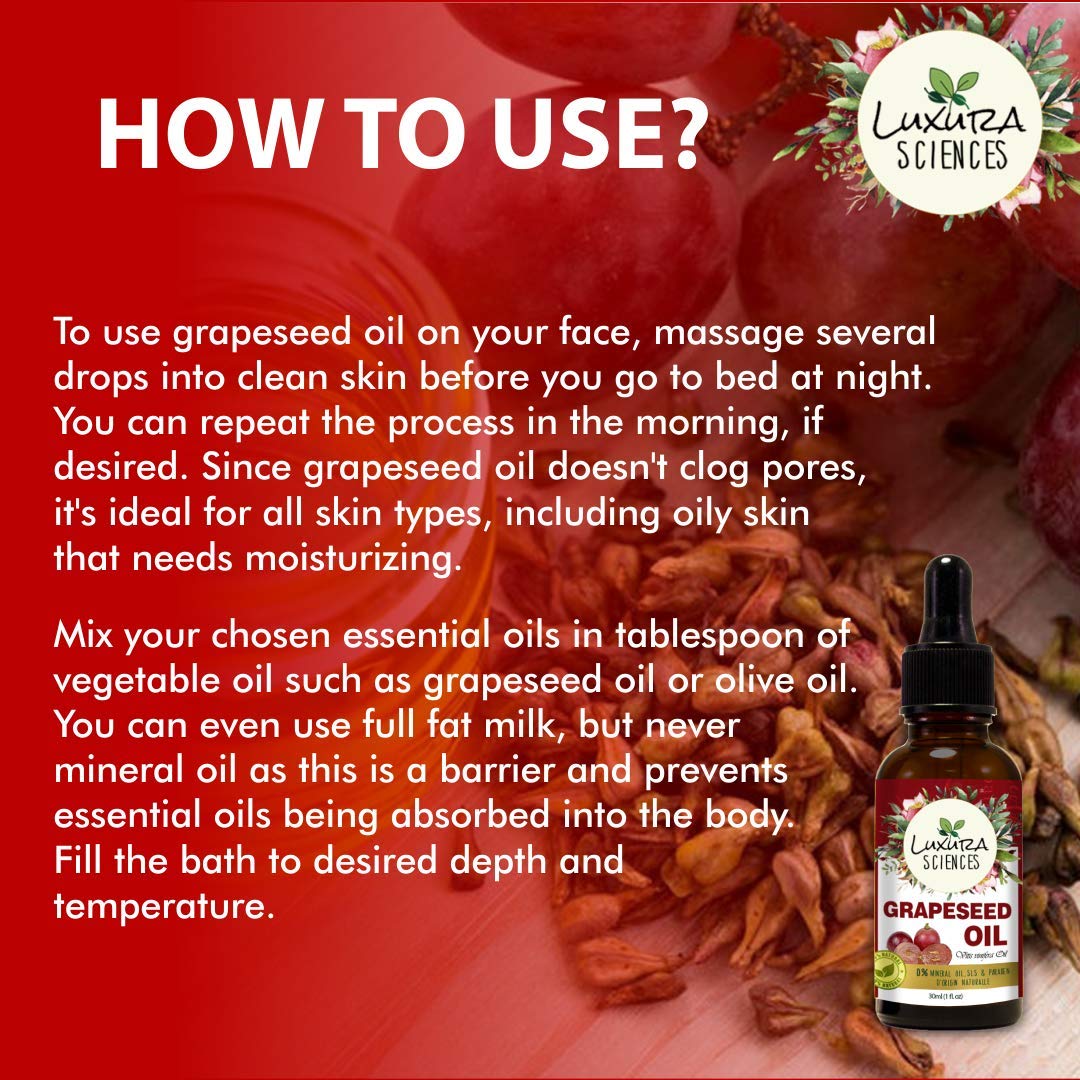 Luxura Sciences Organic Grape Seed Oil, 100% Pure, Natural & Cold-Pressed For Skin, Hair, Body | Grocsy