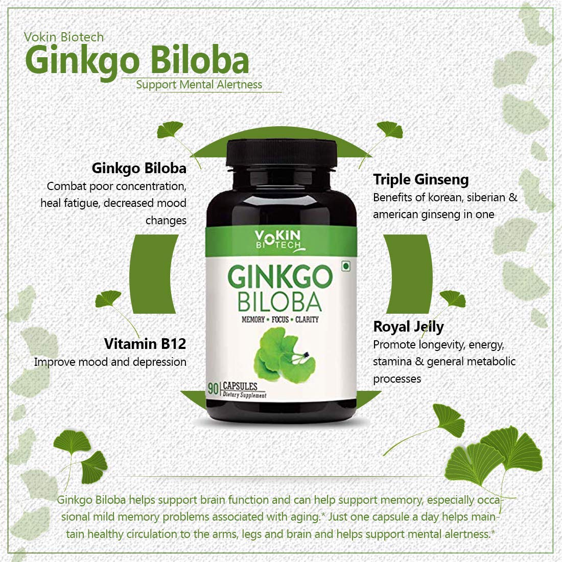 Vokin Biotech Ginkgo Biloba with Brahmi Boosts Concentration & Learning Activities | Grocsy