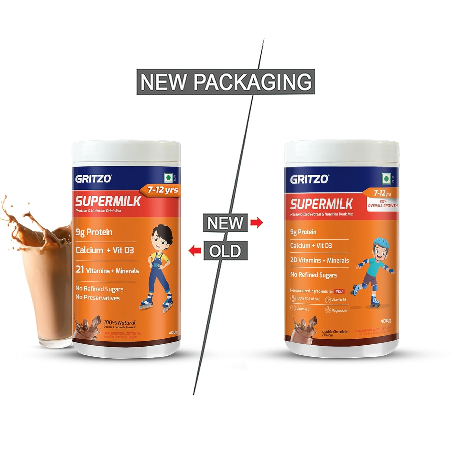 Gritzo SuperMilk Overall Growth (7-12y Boys), 9g Protein (Double Chocolate, Zero Refined Sugar, 20 Vitamins & Minerals | Grocsy