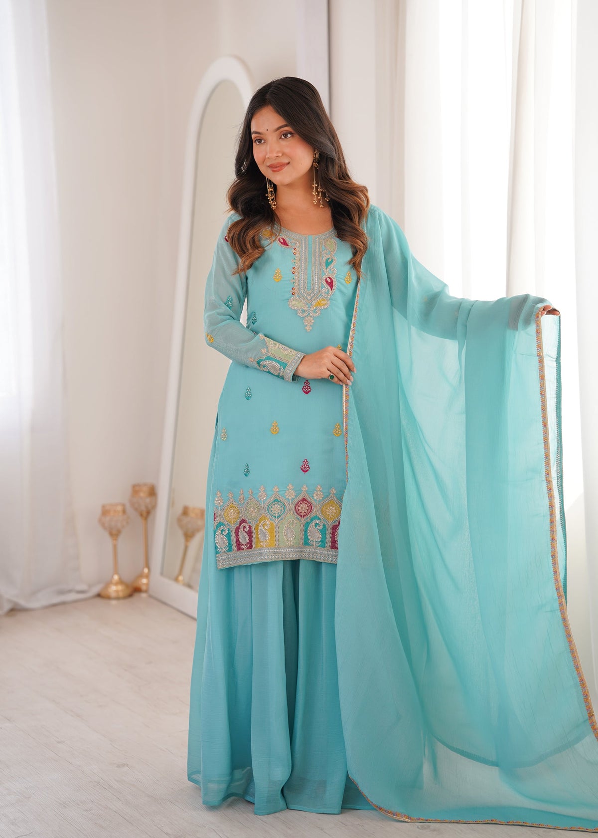 Lorenvalley Fashion Skyblue Crunchy Silk with Embroidery Sequence, Dori, Jari Work Kurta Palazzo with Dupatta | Grocsy
