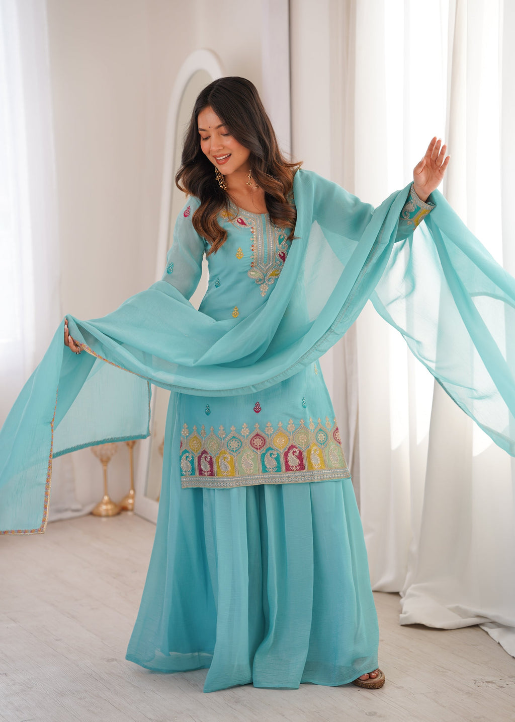 Lorenvalley Fashion Skyblue Crunchy Silk with Embroidery Sequence, Dori, Jari Work Kurta Palazzo with Dupatta | Grocsy