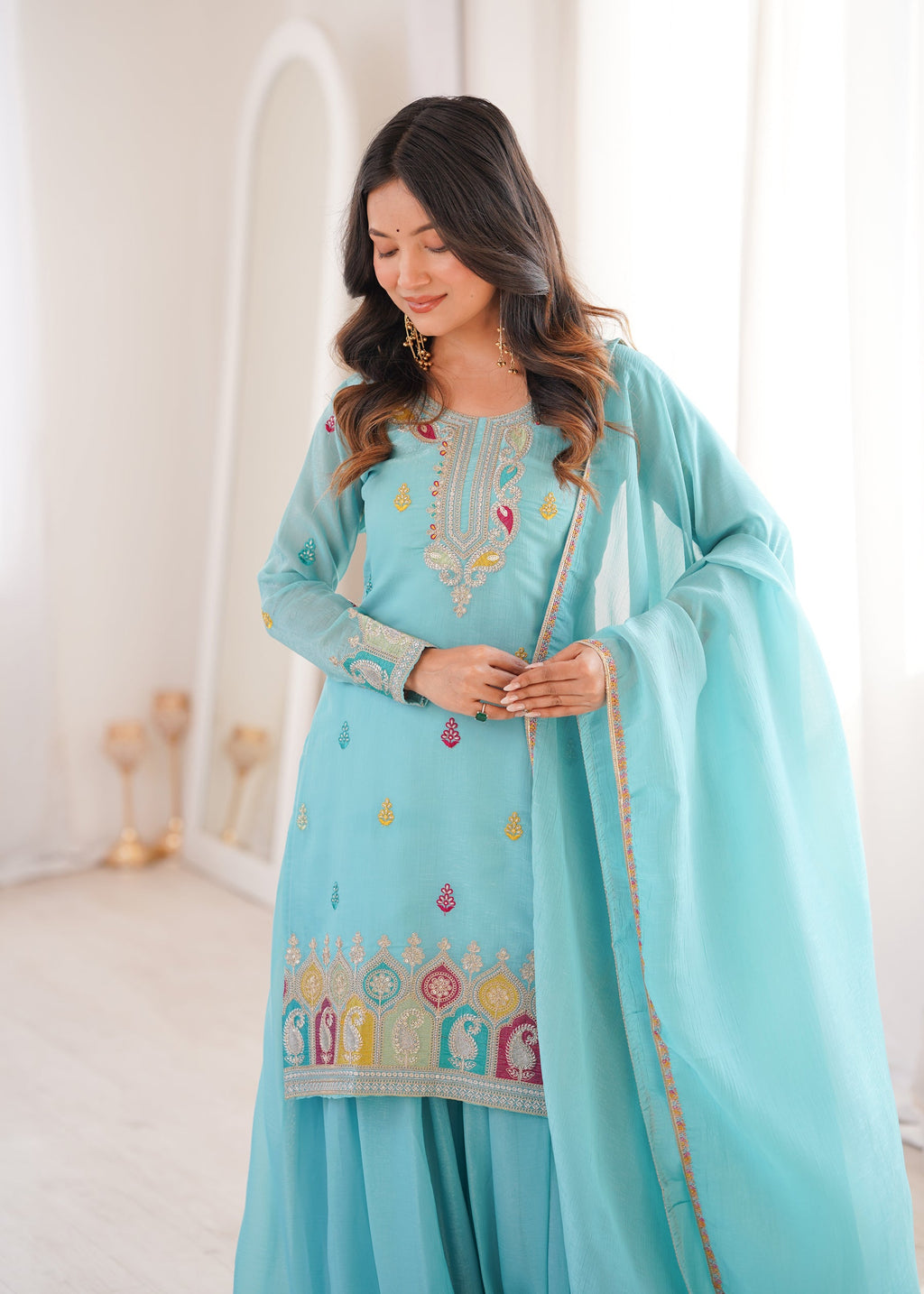 Lorenvalley Fashion Skyblue Crunchy Silk with Embroidery Sequence, Dori, Jari Work Kurta Palazzo with Dupatta | Grocsy