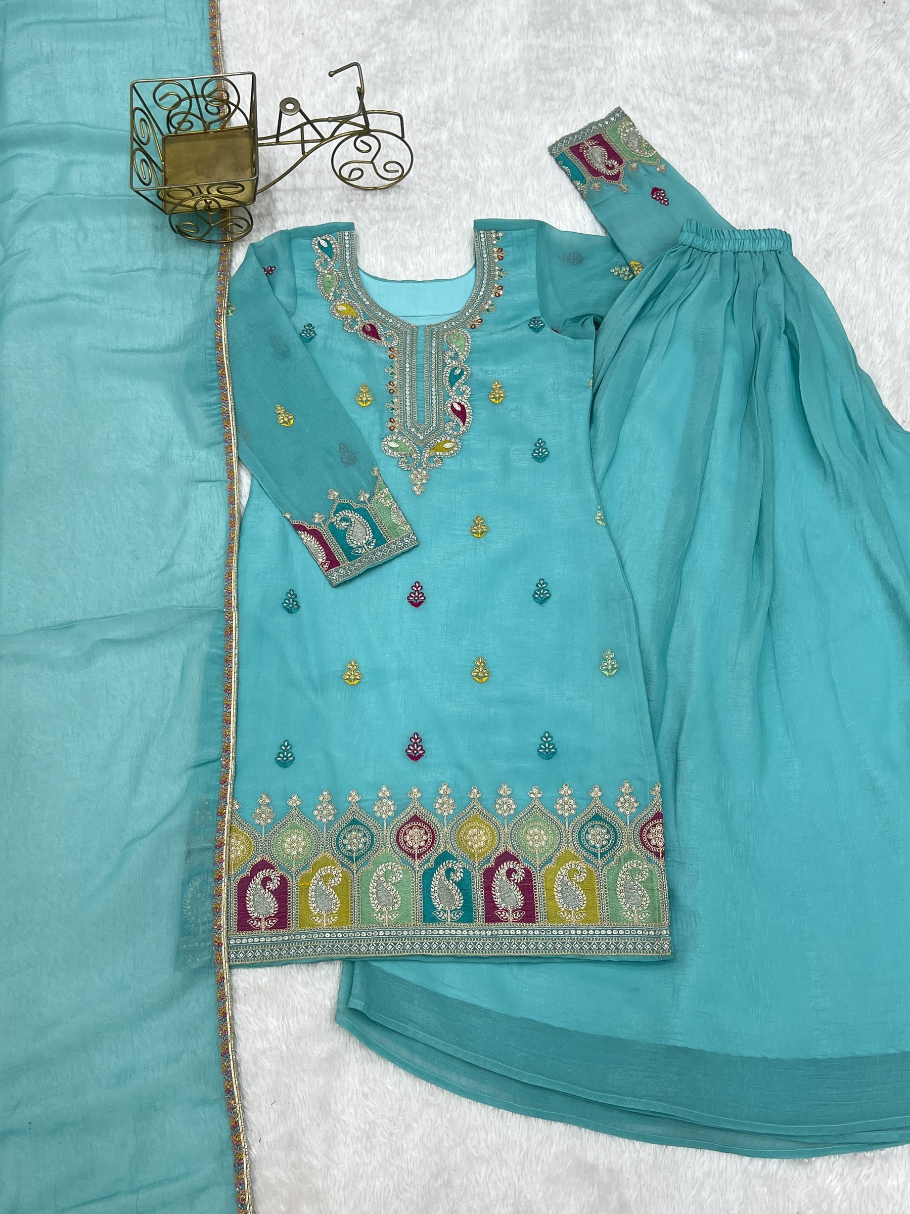 Lorenvalley Fashion Skyblue Crunchy Silk with Embroidery Sequence, Dori, Jari Work Kurta Palazzo with Dupatta | Grocsy