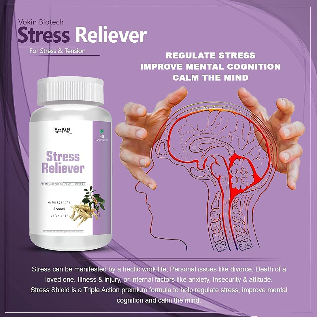 Vokin Biotech Stress Reliever Capsule Support for Stress, Fatigue and Tension (Gold standard Ashwagandha, Brahmi, Jatamansi- General Wellness | Grocsy