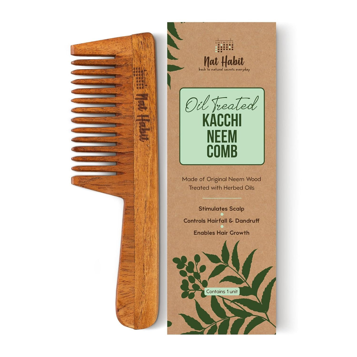 Nat Habit - Back To Natural Secrets Everyday Kacchi Neem Comb, Wooden Comb For Men, Women, Treated With Neem Oil, Bhringraj & 17 Herbs (Wide Tooth) 18-20Cm Length Brown | Grocsy