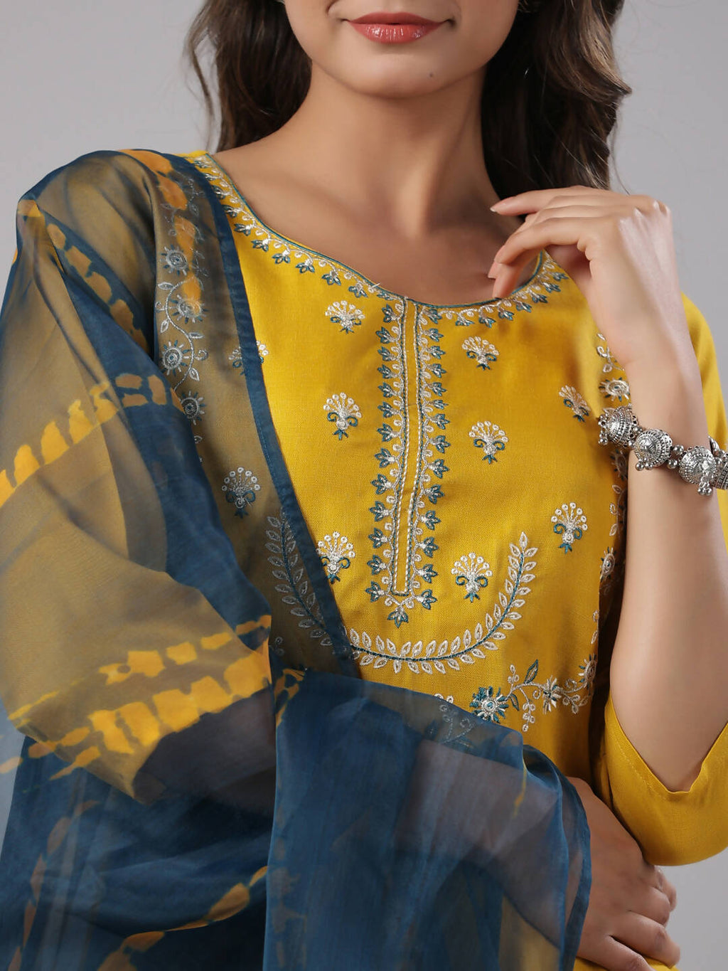 Juniper Women's Mustard Silk Zari Embroidered Kurta Pant Dupatta Set | Grocsy