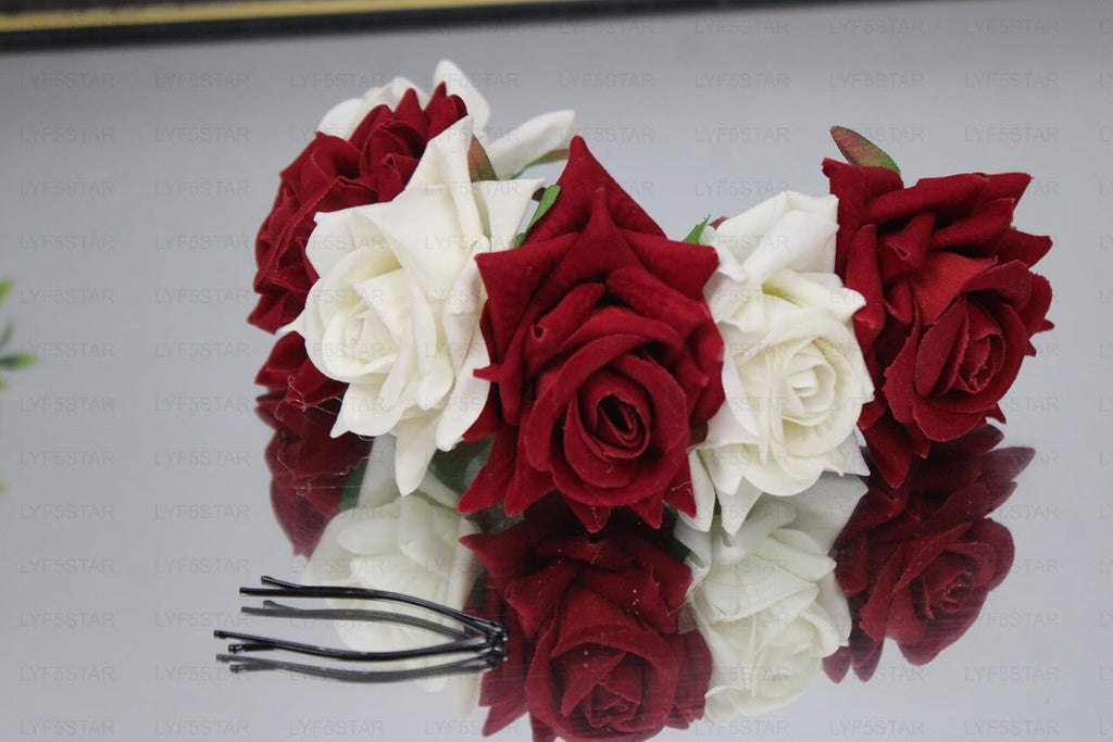 Red & White Velvet Rose Gajra | Grocsy