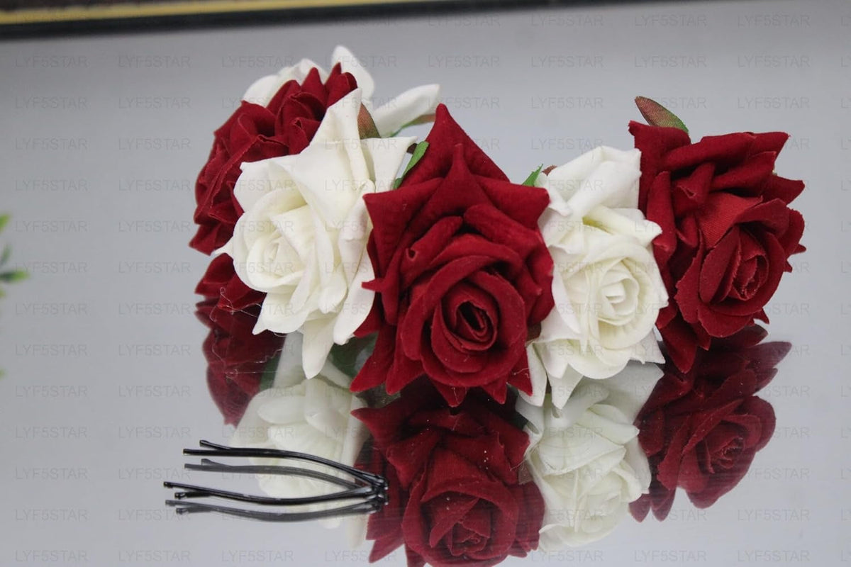 Red & White Velvet Rose Gajra | Grocsy