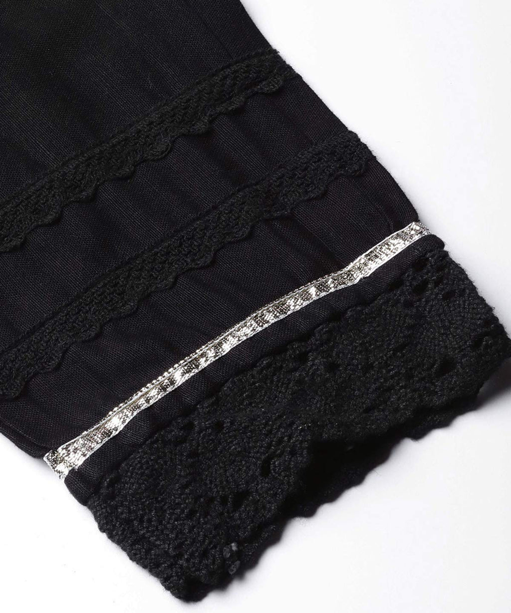 Juniper Women's Black Solid Cotton Flex Straight Fit Pants With Lace & Gota Work | Grocsy