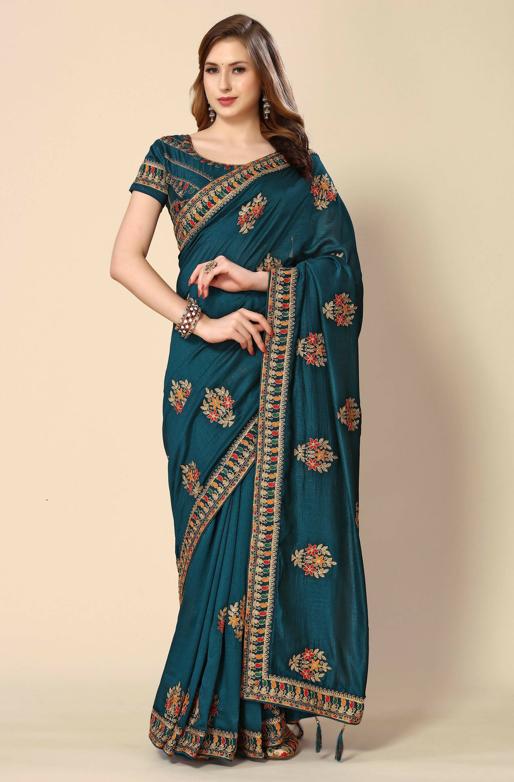Teal Chinon Embroidered Saree with Unstitched Blouse Piece - Roozal | Grocsy