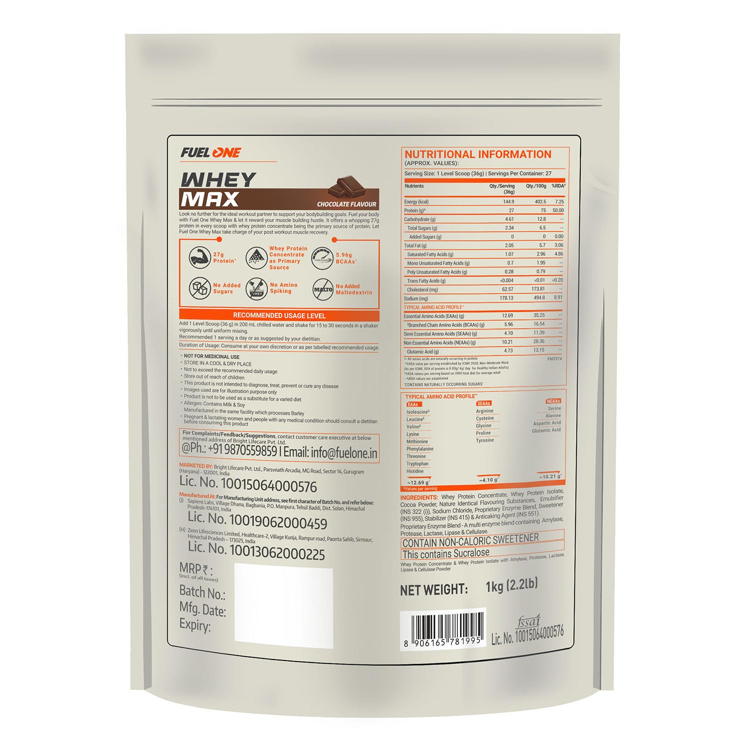 FUELONE Whey Max - Chocolate and Creatine Monohydrate Combo | Grocsy