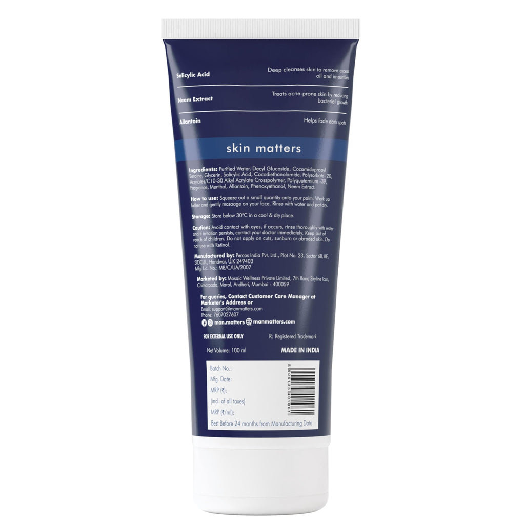 Man Matters Clear 2% Salicylic Acid Face Wash for Men, Paraben & SLS Free | Grocsy