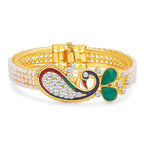 Gold-Polished Alloy Pearl Studded Peacock Enamel Bangle - The Pari