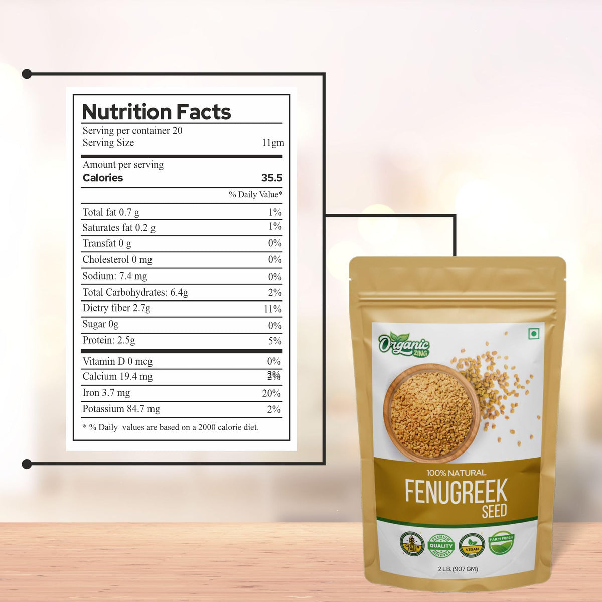 Organic Zing Fenugreek Seeds Also Known As Methi Seeds and Trigonella Foenum-Graecum |100% Pure & Natural | Vegan | Preservative Free | Resealable Pack | Grocsy