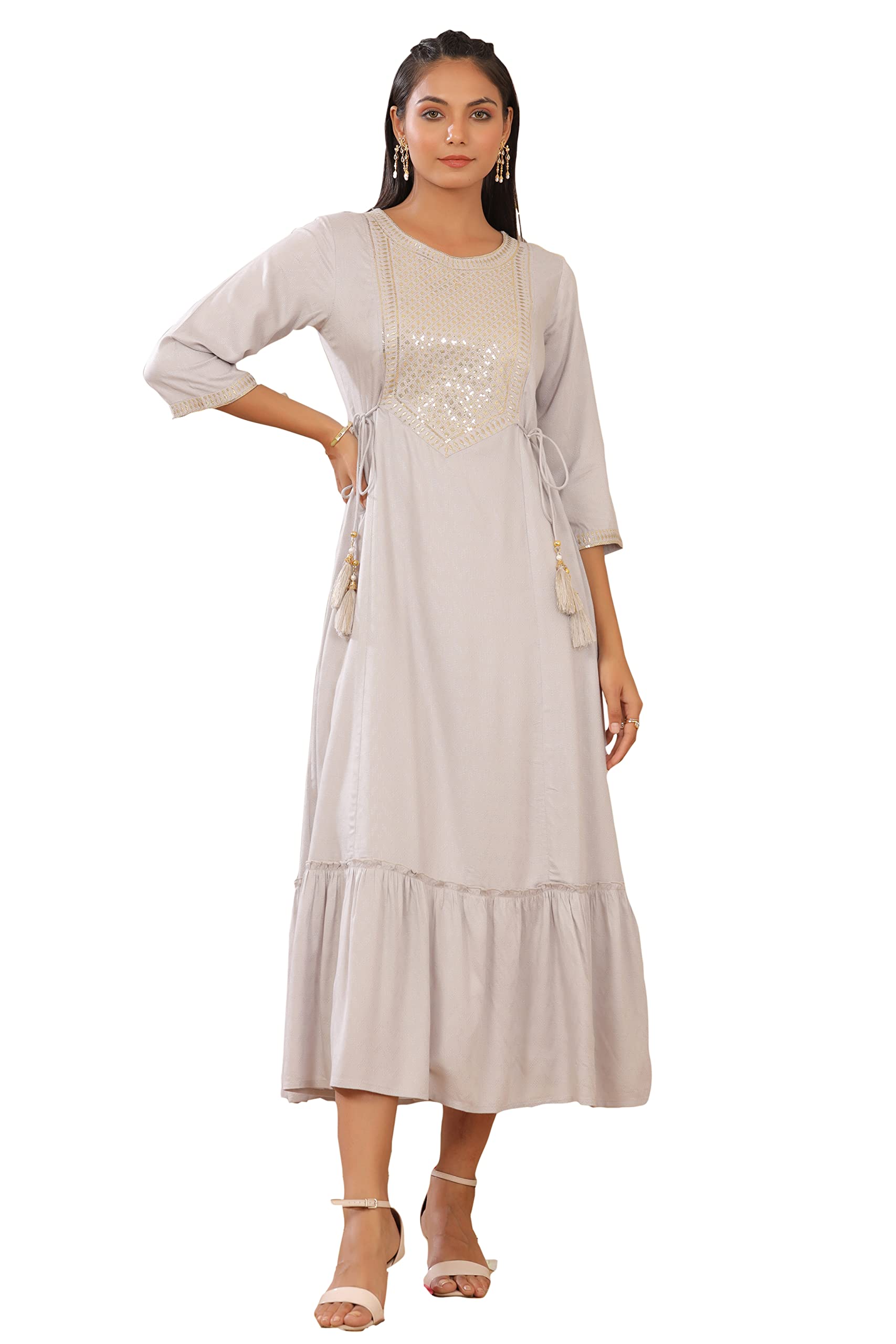 Juniper Women's Grey Zari Embroidered Rayon Dobby Maxi Dress | Grocsy