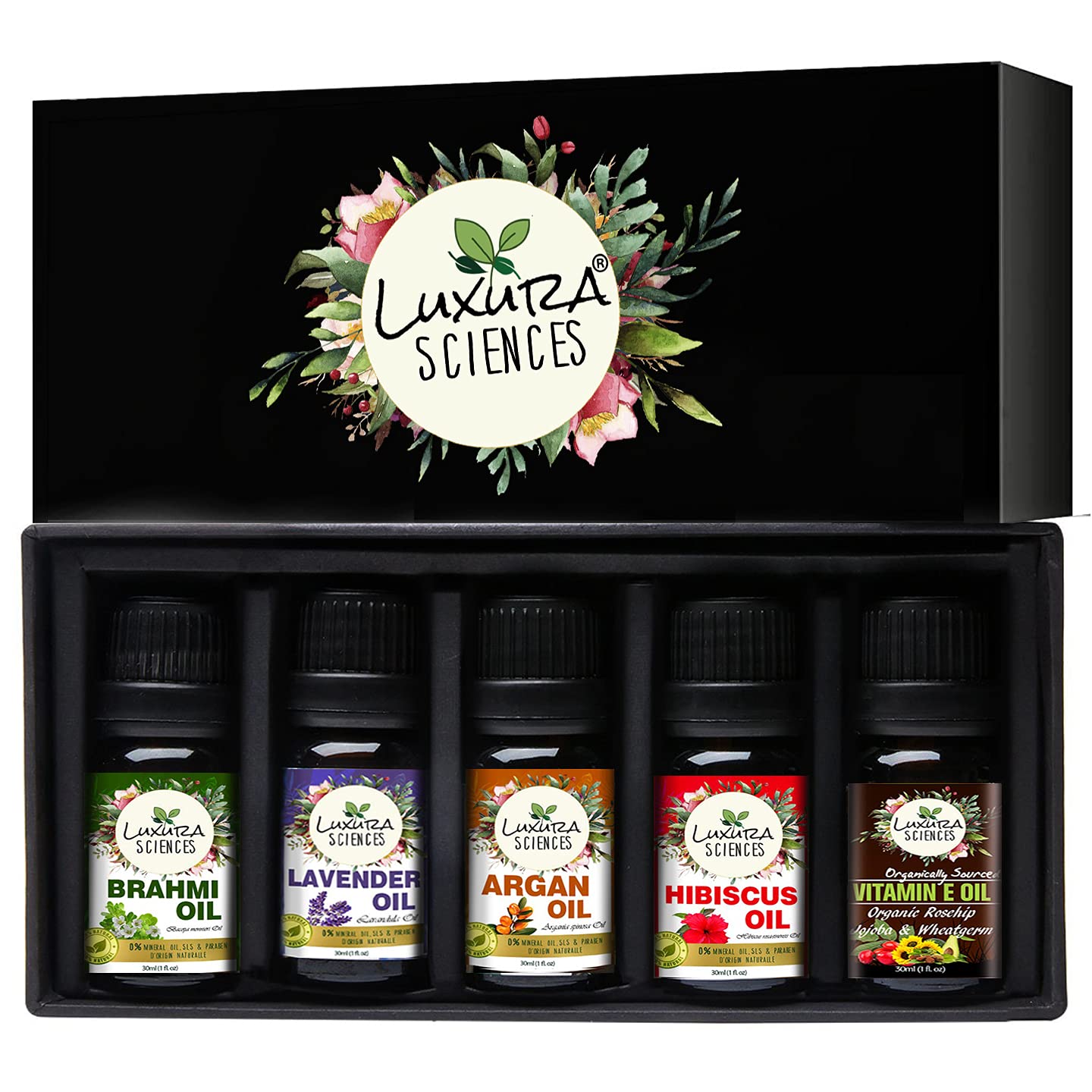 Luxura Sciences Organic Essential Oil - Hibiscus Oil, Brahmi Oil, Argan Oil, Lavender Oil, Vitamin E Oil | Grocsy