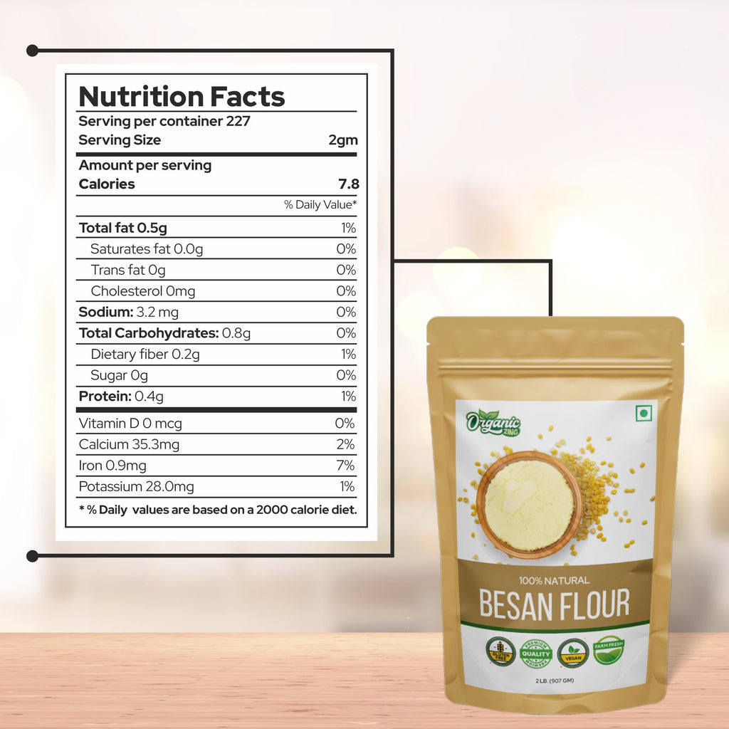 Organic Zing Besan Flour also known as Chickpea Flour, Bengal Gram Flour or Garbanzo Bean Flour |Vegan| Preservative Free | Resealable Pack | Grocsy