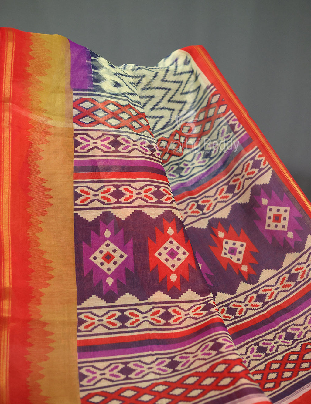 Shades of Light Apple Green And Orange Colour Blouse Ikat Design Semi Chanderi Saree By Gayathri Reddy Designer Studio | Grocsy