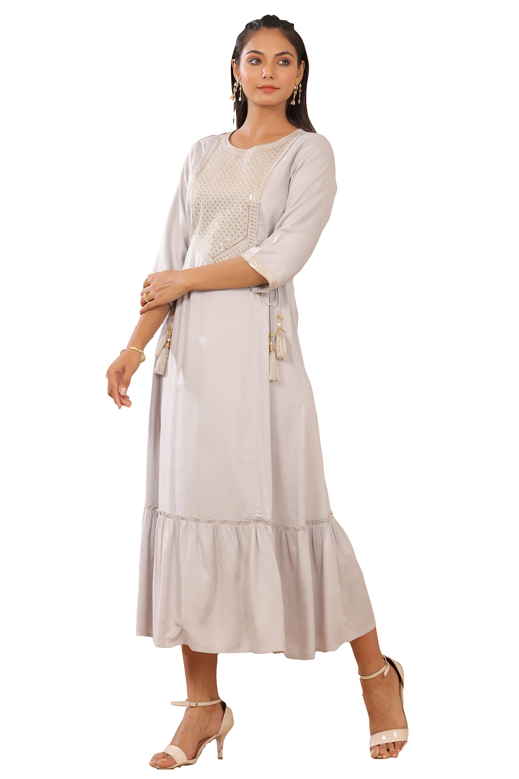 Juniper Women's Grey Zari Embroidered Rayon Dobby Maxi Dress | Grocsy