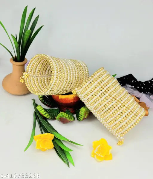 Tehzeeb Creations Women's Spiral Bangle With Golden And White Pearl | Grocsy