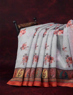 Mix of Grey and Orange Floral Print Semi Chanderi Saree By Gayathri Reddy Designer Studio | Grocsy
