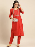 All About You Women Red Woven Design Kurta with Trousers | Grocsy