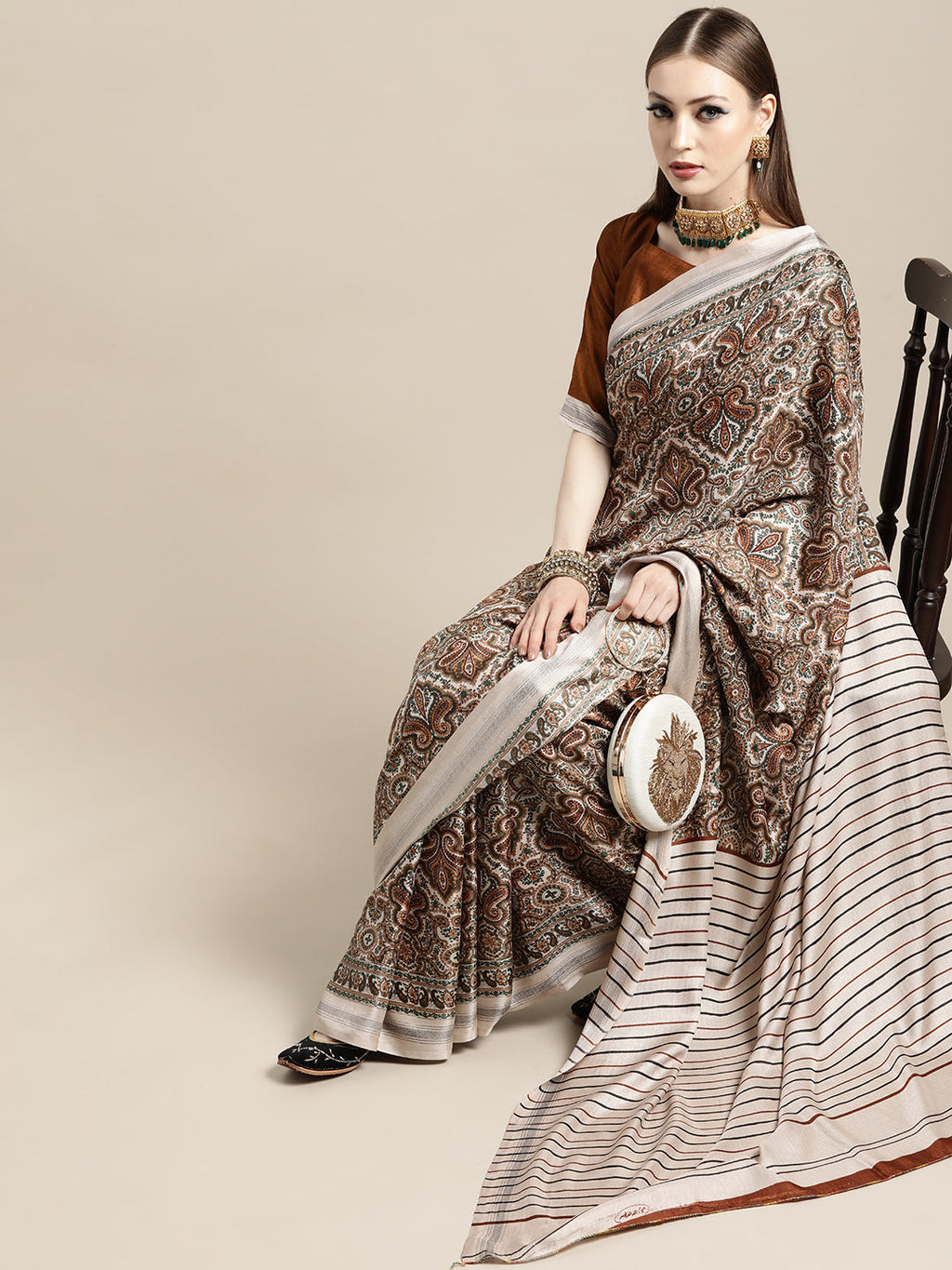 Saree Mall Cream-Coloured & Brown Paisley Printed Pashmina Silk Bagru Saree | Grocsy