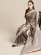 Saree Mall Cream-Coloured & Brown Paisley Printed Pashmina Silk Bagru Saree | Grocsy