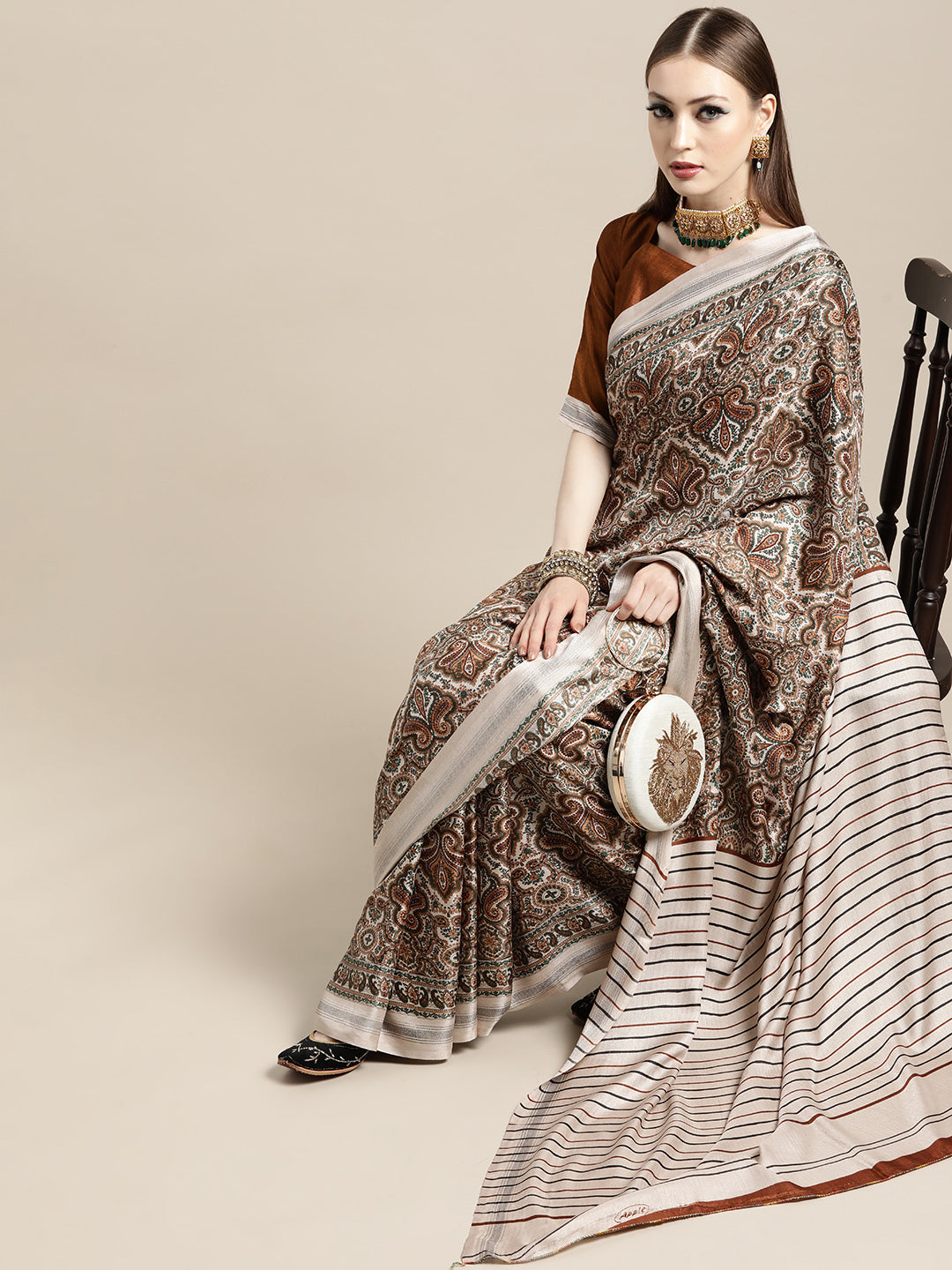 Saree Mall Cream-Coloured & Brown Paisley Printed Pashmina Silk Bagru Saree | Grocsy