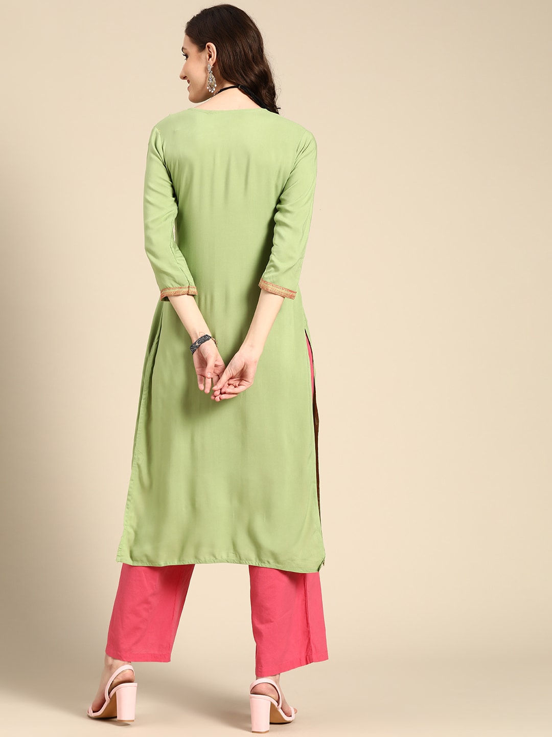 Sangria Women Green & Pink Floral Embroidered Thread Work Pastels Kurta | Grocsy