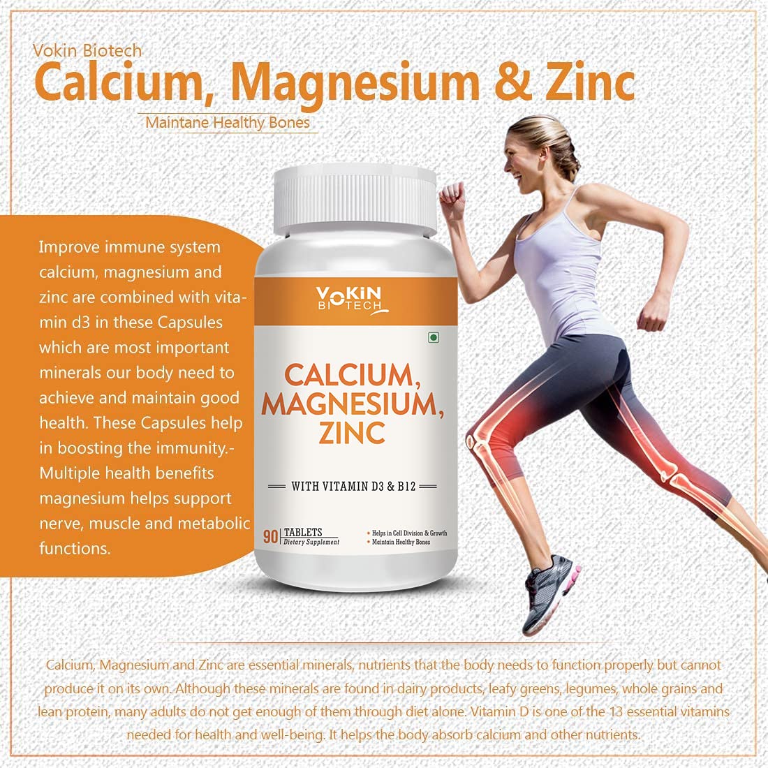 Vokin Biotech Calcium, Magnesium, Zinc, D3 & B12-Tablets | Grocsy