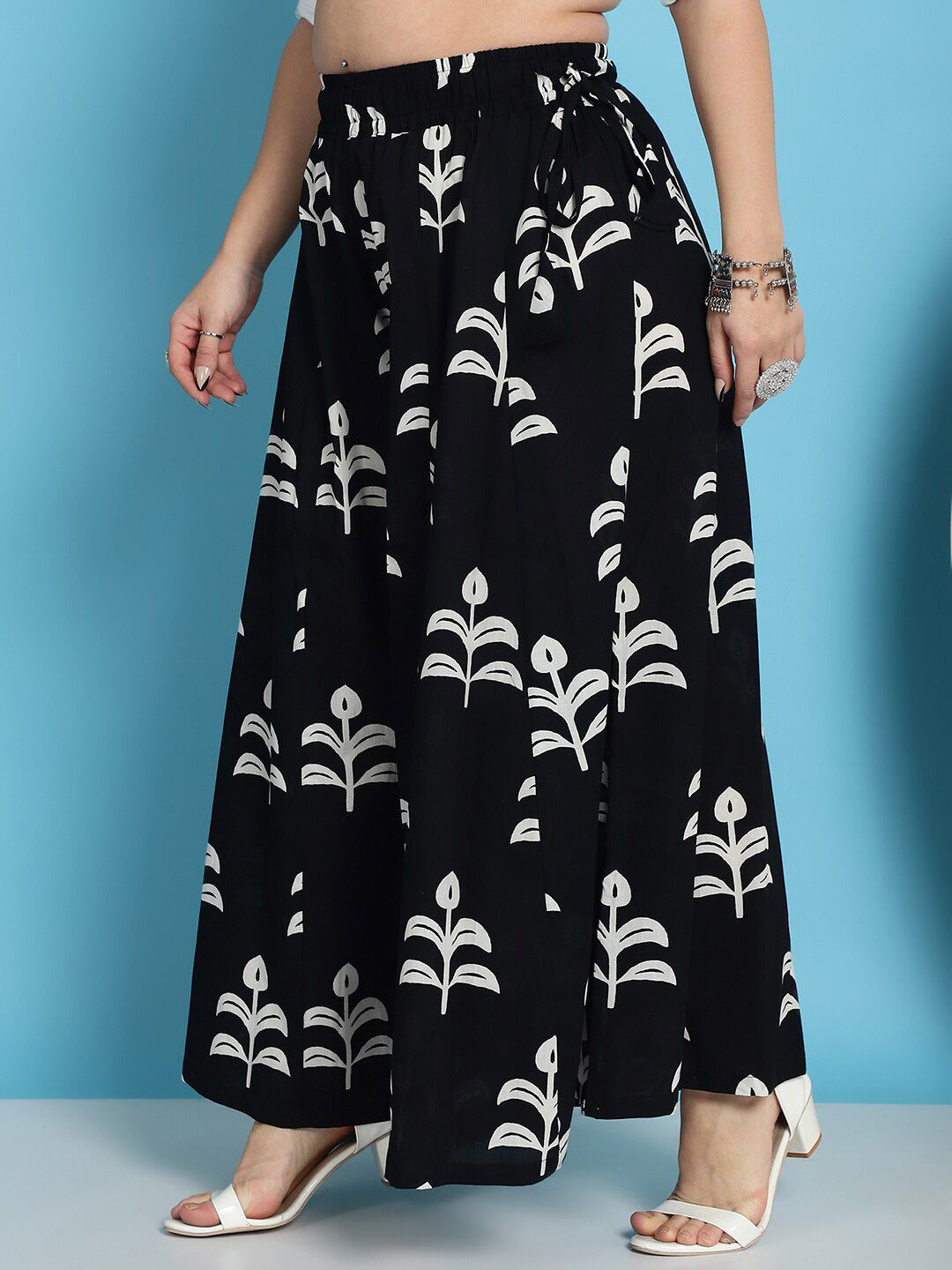 TAG 7 Floral Block Printed Flared Pure Cotton Ethnic Palazzos | Grocsy