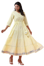 Juniper Women's Yellow Solid Pure Cotton Solid Tiered Maxi Dress With Gota Work Dori Tie-Up & Cushioned Tassels At Waist | Grocsy