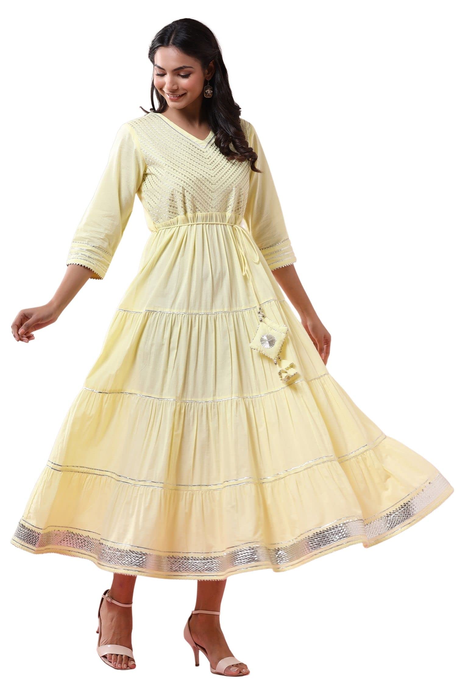 Juniper Women's Yellow Solid Pure Cotton Solid Tiered Maxi Dress With Gota Work Dori Tie-Up & Cushioned Tassels At Waist | Grocsy