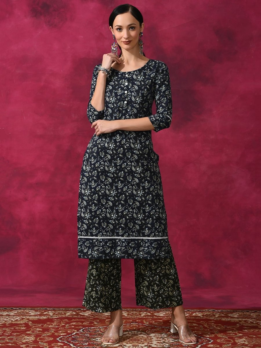 Aks Floral Printed Round Neck Kantha Work Detailed Pure Cotton Kurta with Palazzos | Grocsy