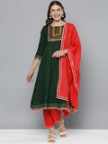 HERE&NOW Floral Yoke Design Regular Thread Work Kurta with Trousers & With Dupatta | Grocsy