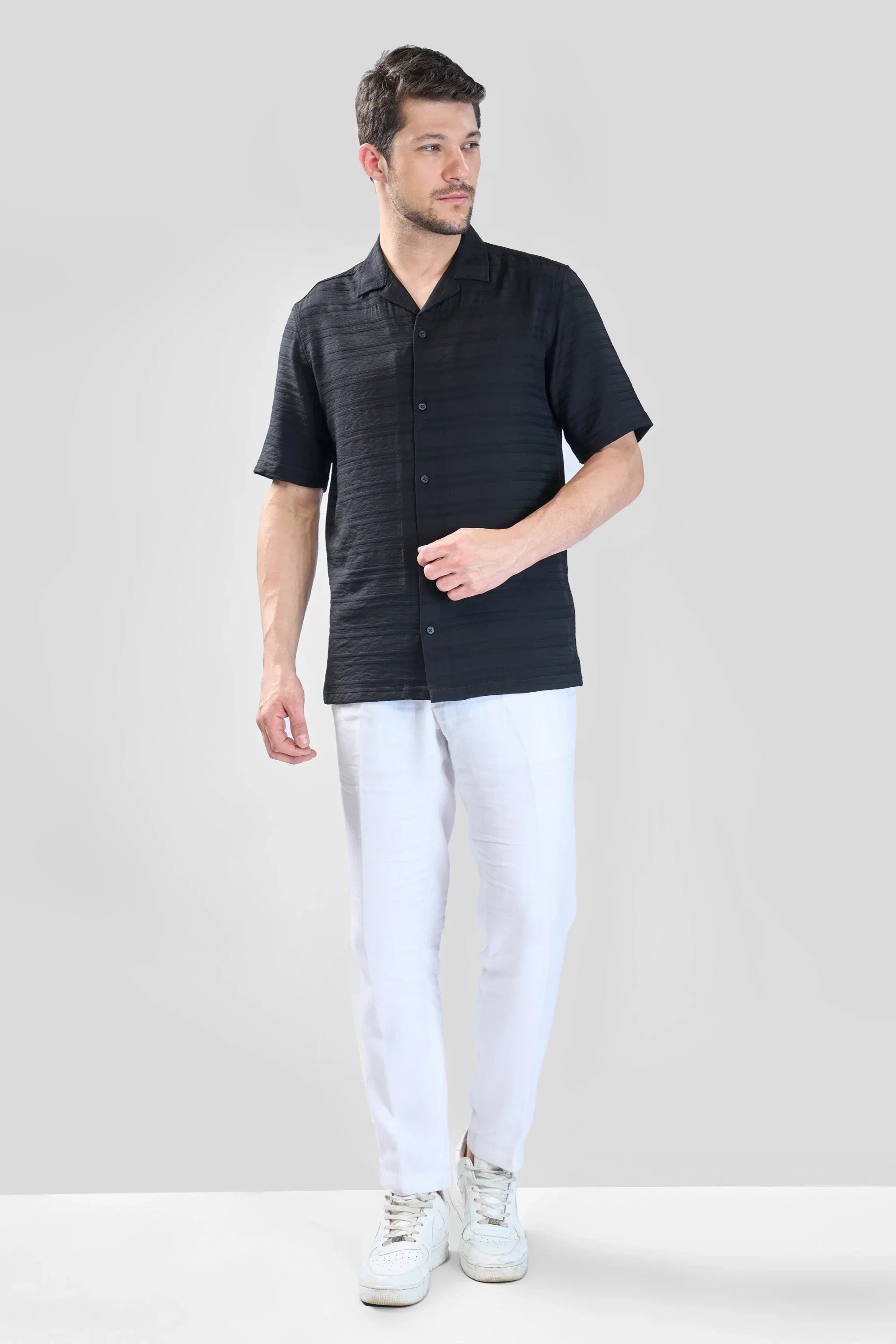 Xkind Black Horizontal Pleated Stripes Relaxed Fit Shirt | Grocsy