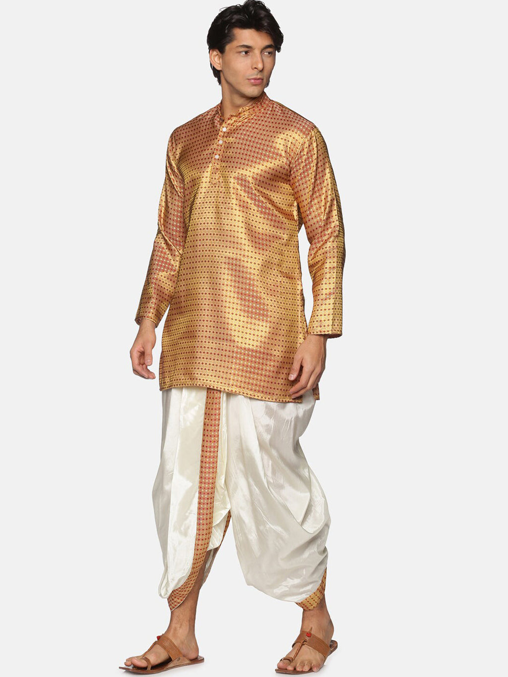 Sethukrishna Men Gold-Toned Striped Kurta with Dhoti Pants | Grocsy